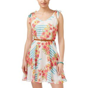 NWT City Studios Juniors Belted Floral-Print Fit & Flare Dress Blue Multi 3